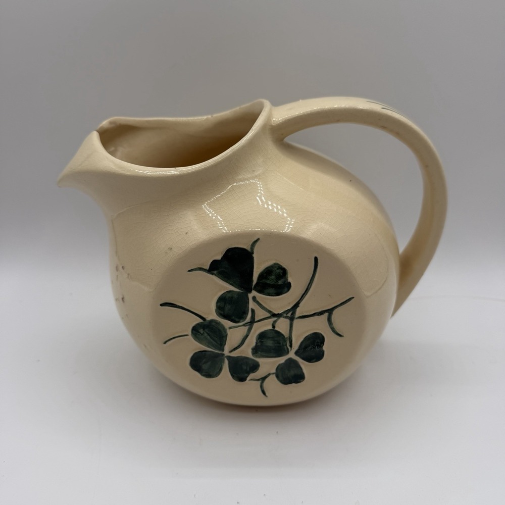 Vintage McCoy Shamrock Clover Pitcher Ice Lip Off White Green Clover MCM 40s 50s